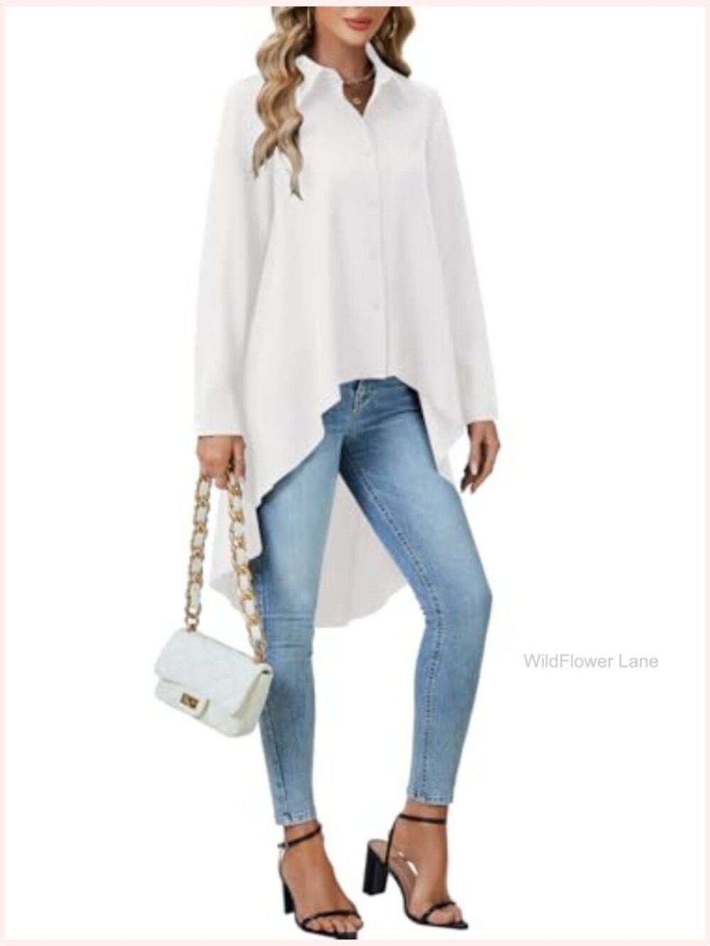 Button Down Asymmetrical Hem Blouse Long Sleeve Tunic Tops - Picture 6 of 6